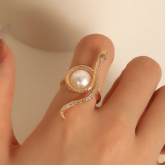 Pearl Snake Design Gold Metal Ring