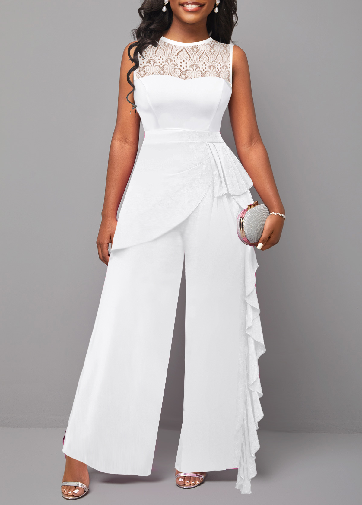 Lace Patchwork White Long Sleeveless Jumpsuit | Rosewe.com - USD $37.98
