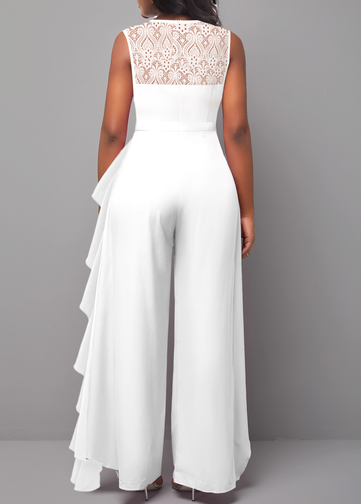 Lace Patchwork White Long Sleeveless Jumpsuit