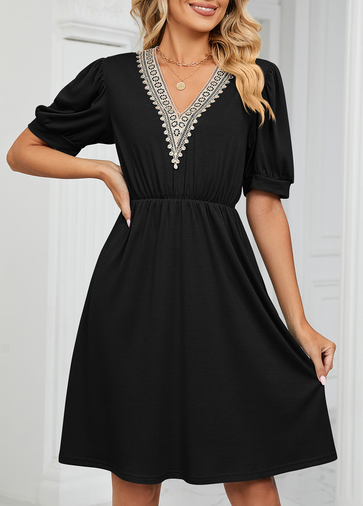 Lace Pocket Black V Neck Short Sleeve Dress