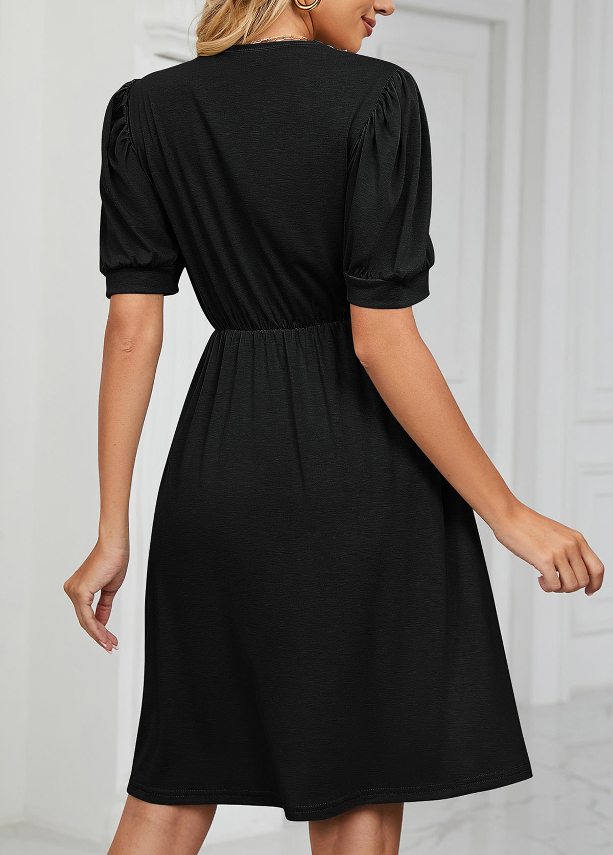 Lace Pocket Black V Neck Short Sleeve Dress