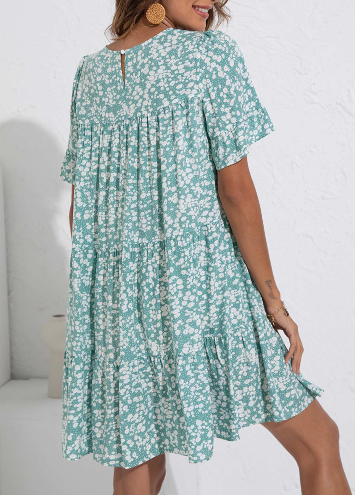 Ditsy Floral Print Ruched Mint Green Dress