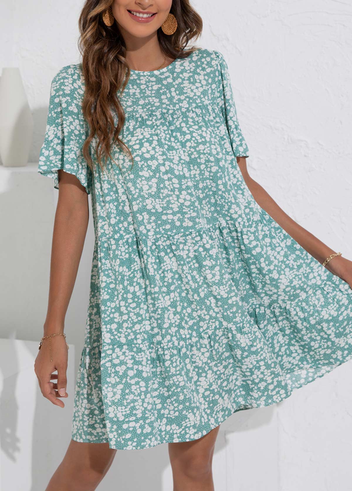 Ditsy Floral Print Ruched Mint Green Dress