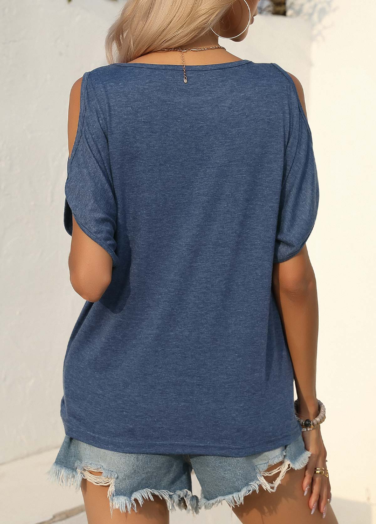 Cut Out Navy Round Neck T Shirt