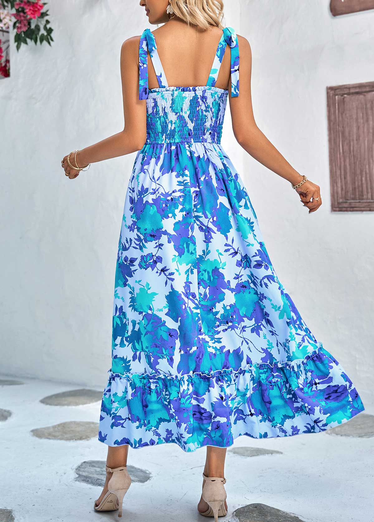 Floral Print Smocked Sky Blue Bandeau Maxi Dress