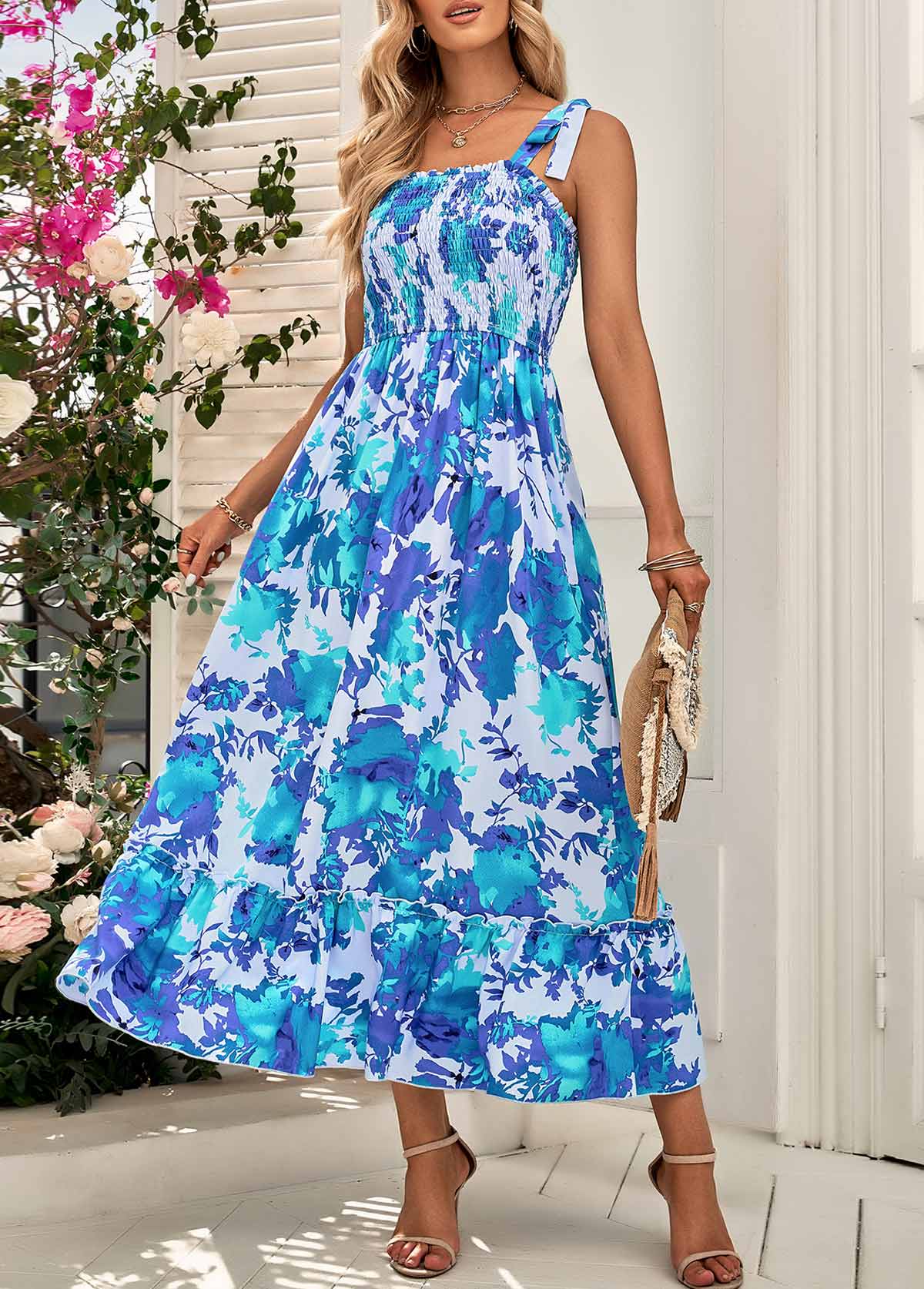 Floral Print Smocked Sky Blue Bandeau Maxi Dress