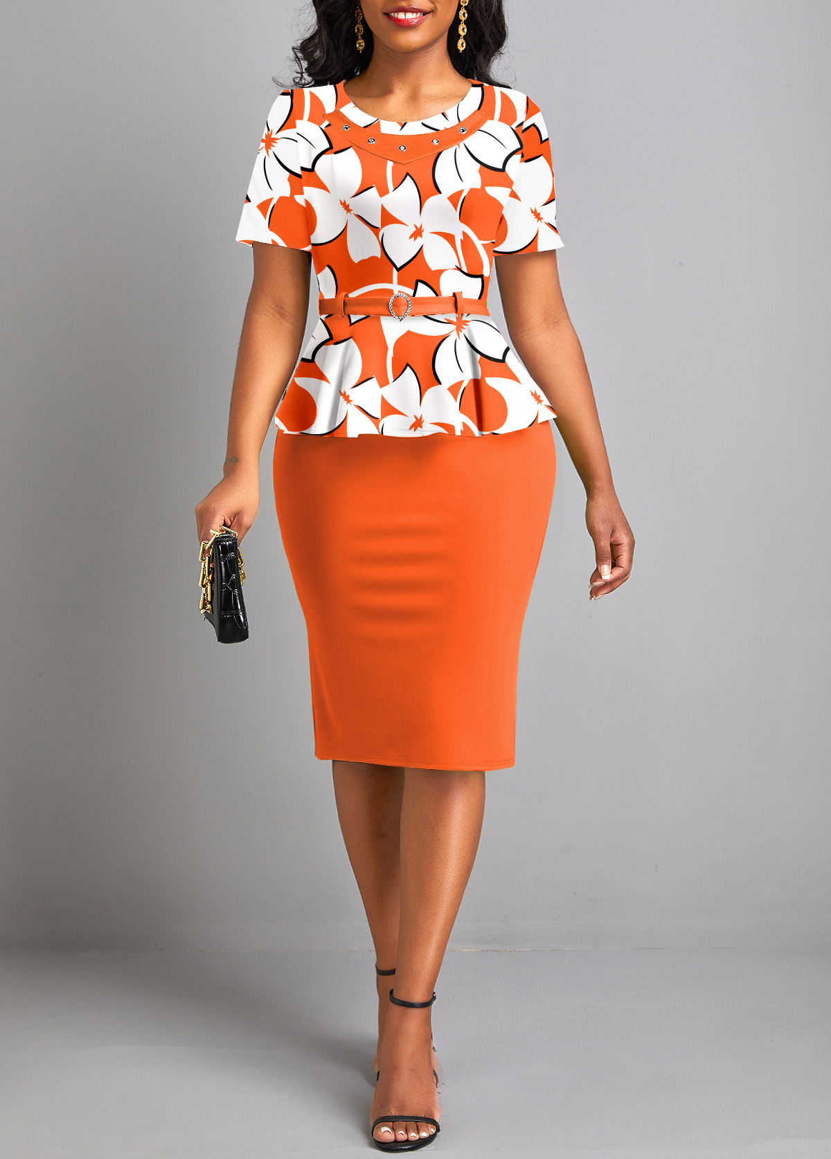 Floral Print Fake 2in1 Belted Orange Bodycon Dress