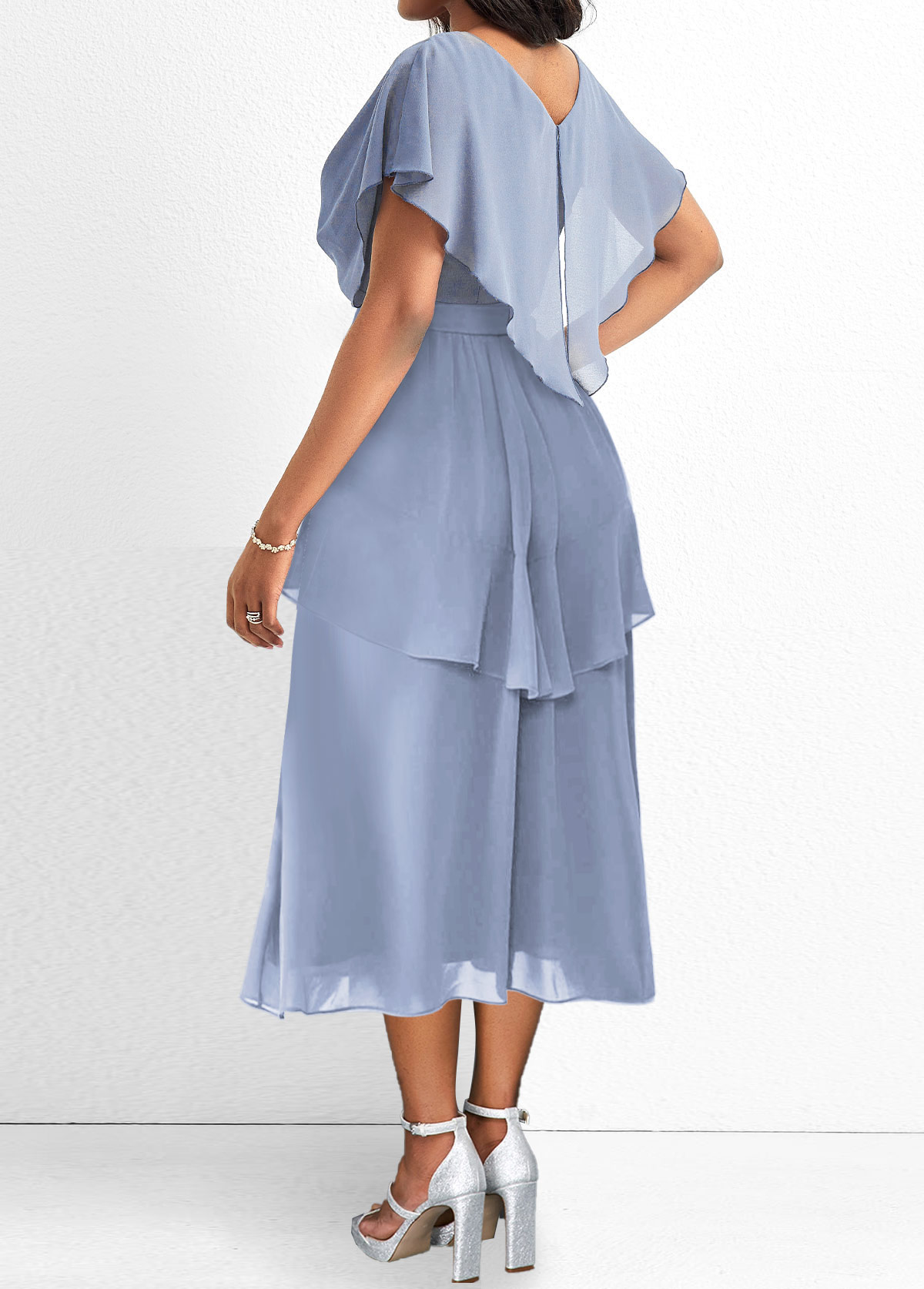 V Neck Asymmetry Dusty Blue Short Sleeve Dress