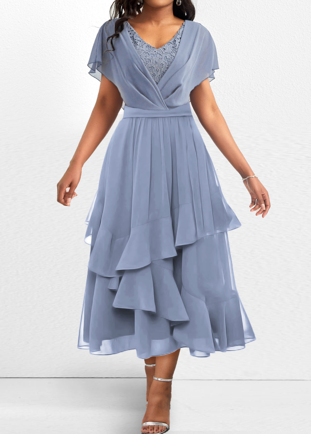 V Neck Asymmetry Dusty Blue Short Sleeve Dress
