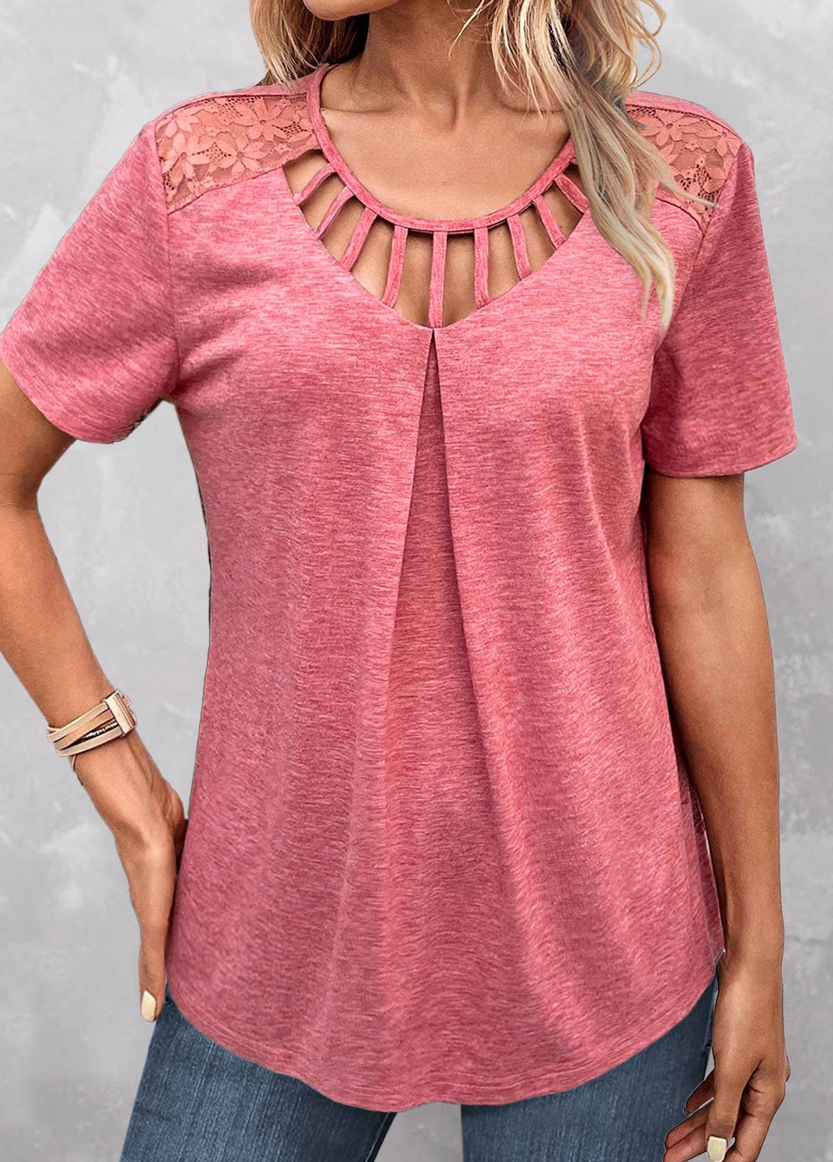 Cage Neck Lace Peach Red Short Sleeve T Shirt