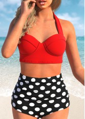 High Waist Polka Dot Print Halter Neck Bikini Set