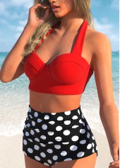 High Waist Polka Dot Print Halter Neck Bikini Set