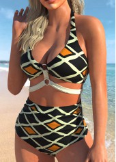 Halter Geometric Print High Waisted Bikini Set 
