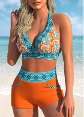 High Waisted Orange Tribal Print Swim Shorts