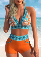 High Waisted Orange Tribal Print Swim Shorts