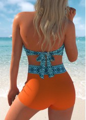 High Waisted Orange Tribal Print Swim Shorts