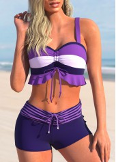 Striped Ruffle Drawstring Purple Bikini Set