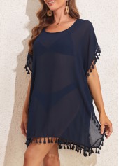 Split Patchwork Tassel Navy Cover Up