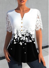 Floral Print Lace White Short Sleeve Split Neck Blouse