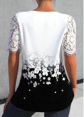 Floral Print Lace White Short Sleeve Split Neck Blouse