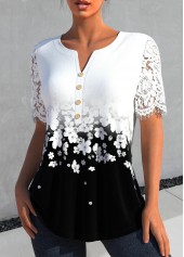 Floral Print Lace White Short Sleeve Split Neck Blouse