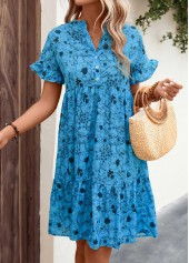 Floral Print Button Detail Frill Neon Blue Dress