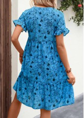 Floral Print Button Detail Frill Neon Blue Dress