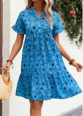 Floral Print Button Detail Frill Neon Blue Dress