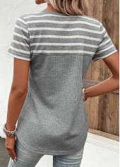 V Neck Striped Button Grey T Shirt