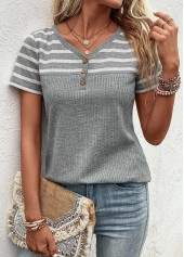V Neck Striped Button Grey T Shirt