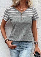 V Neck Striped Button Grey T Shirt