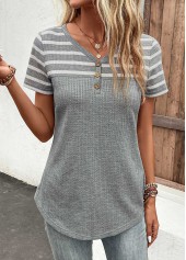 V Neck Striped Button Grey T Shirt
