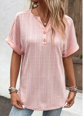 Button Dusty Pink Short Sleeve Split Neck Blouse