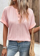 Button Dusty Pink Short Sleeve Split Neck Blouse