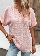 Button Dusty Pink Short Sleeve Split Neck Blouse