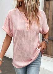 Button Dusty Pink Short Sleeve Split Neck Blouse