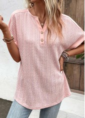 Button Dusty Pink Short Sleeve Split Neck Blouse