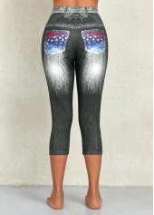 Flag Print Denim Blue Elastic Waist Leggings