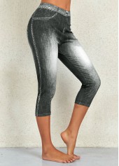 Flag Print Denim Blue Elastic Waist Leggings