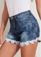 Skinny Lace Denim Blue Zipper Fly Shorts