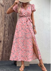 Leaf Print Split Belted Pink Maxi Dress