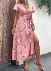 Leaf Print Split Belted Pink Maxi Dress