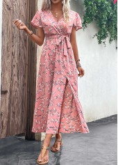 Leaf Print Split Belted Pink Maxi Dress
