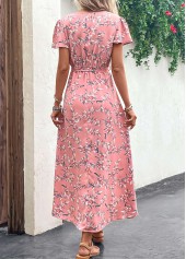 Leaf Print Split Belted Pink Maxi Dress