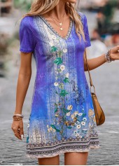 Floral Print Lightweight Purple Short V Neck Dress