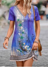 Floral Print Lightweight Purple Short V Neck Dress