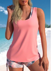 Pink Mid Waisted Floral Print Criss Cross Tankini Set