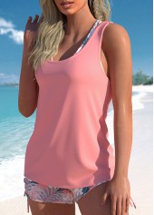 Pink Mid Waisted Floral Print Criss Cross Tankini Set