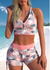 Pink Mid Waisted Floral Print Criss Cross Tankini Set