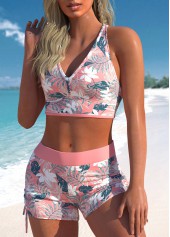 Pink Mid Waisted Floral Print Criss Cross Tankini Set